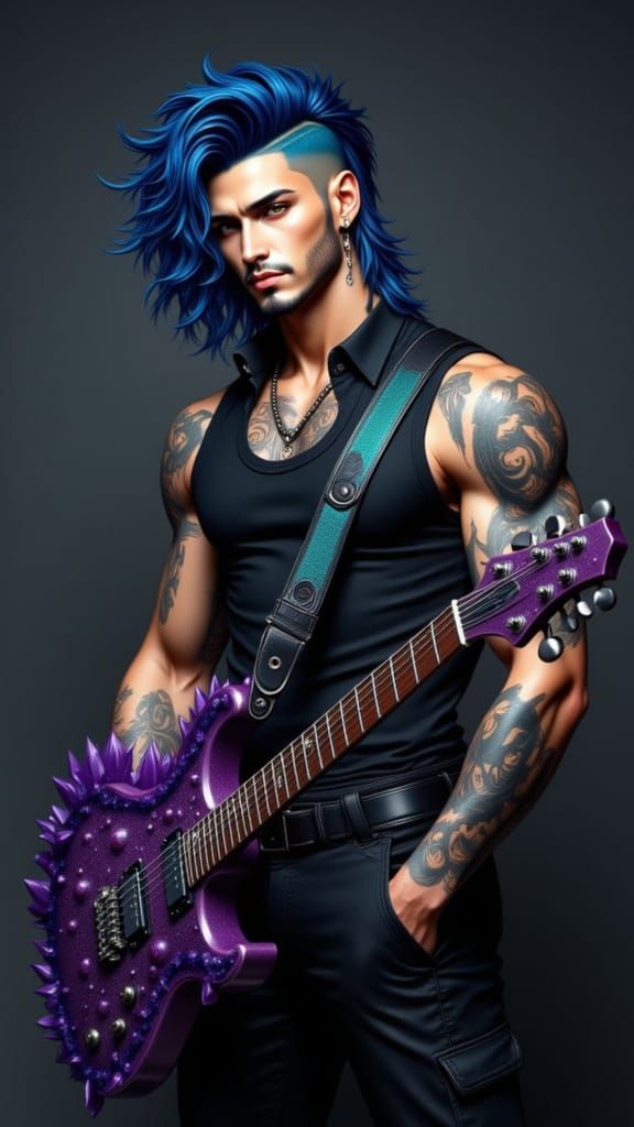 Muscular Tattooed Man with Blue Teal Mullet Holding Crystal ...