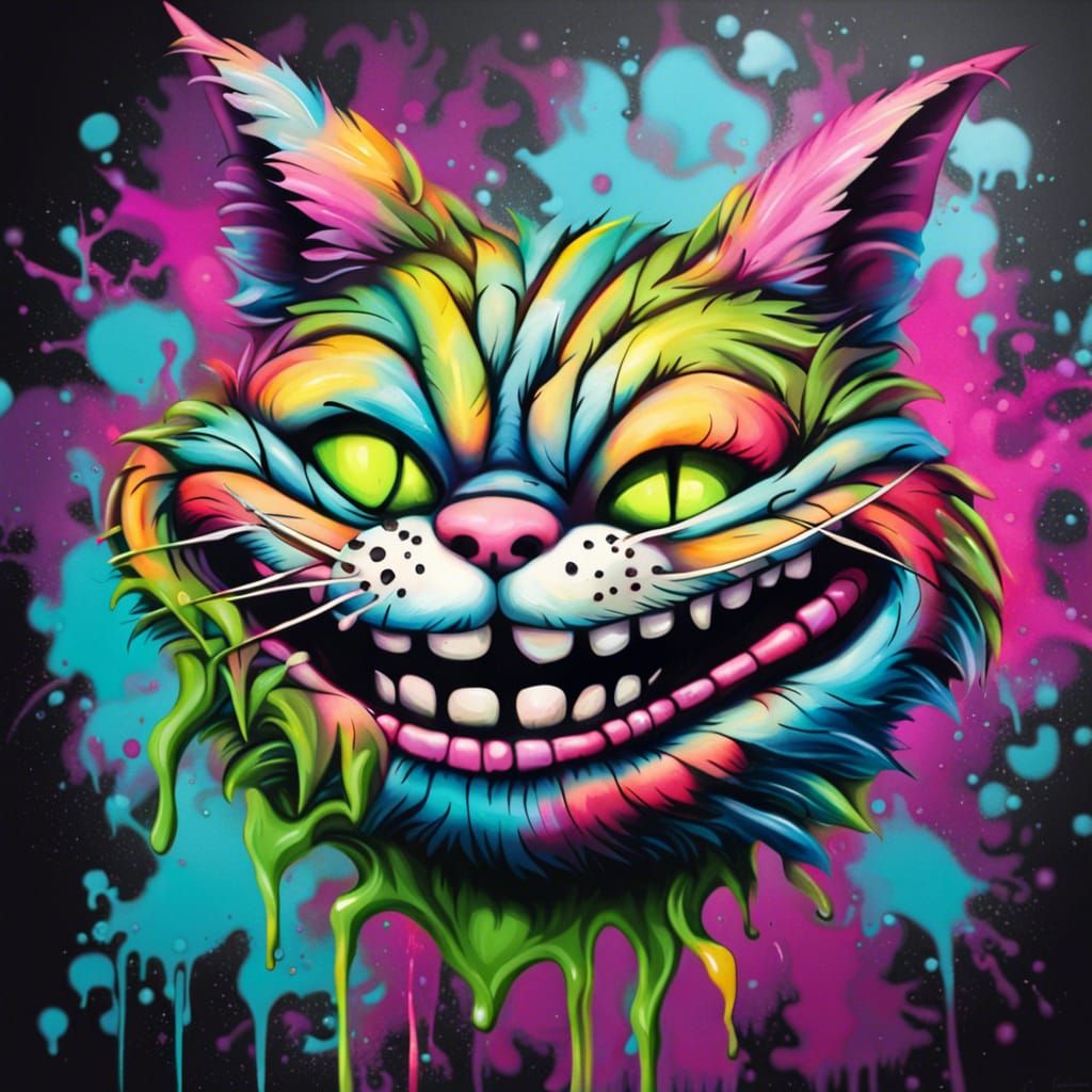 Cheshire Cat Graffiti Art with Marijuana Leaf Background