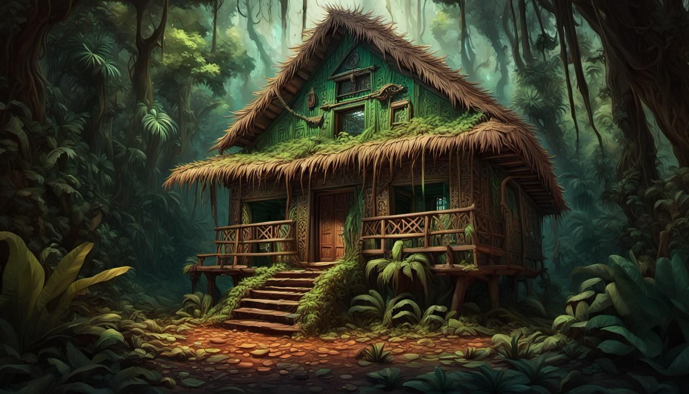 Surreal Aztec Jungle Cabin with Glowing Green Eyes and Tooth...