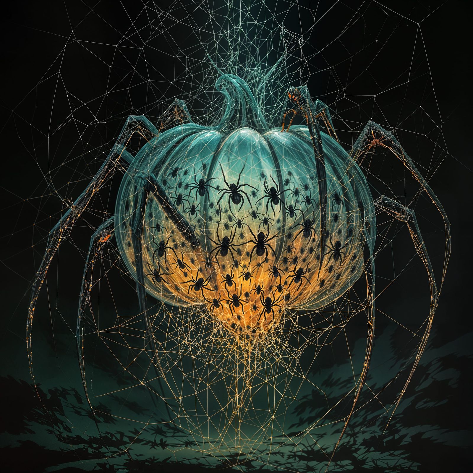 Glass Pumpkin Spider with Baby Spiders in Orange and Teal