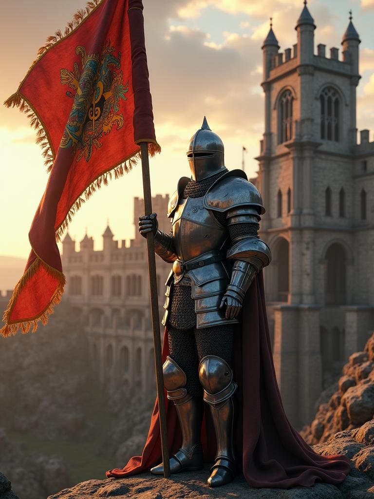 Medieval Knight with Flag Before Gothic Castle