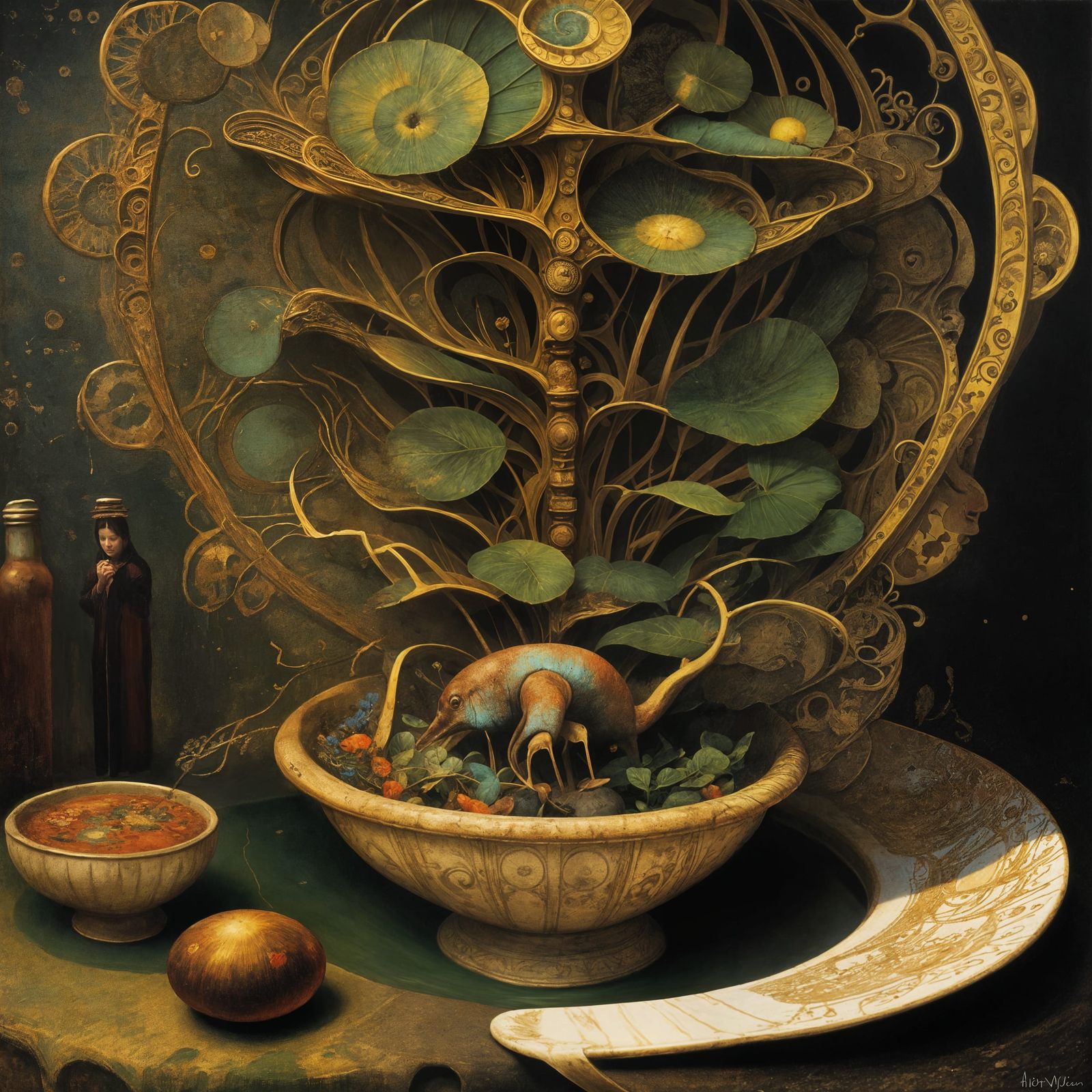 Surreal Ribs Still Life in Odilon Redon Style