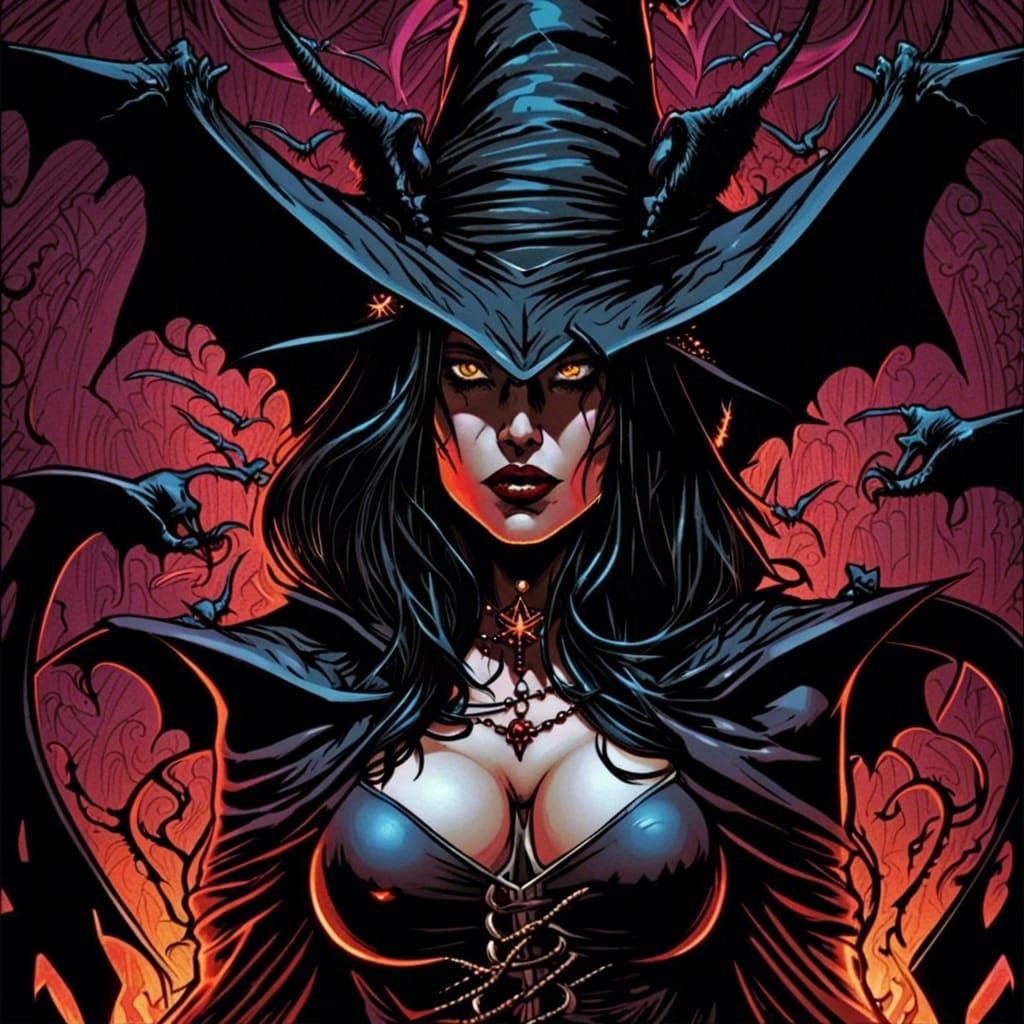Satanic Witch with Bats, Comic Book Art