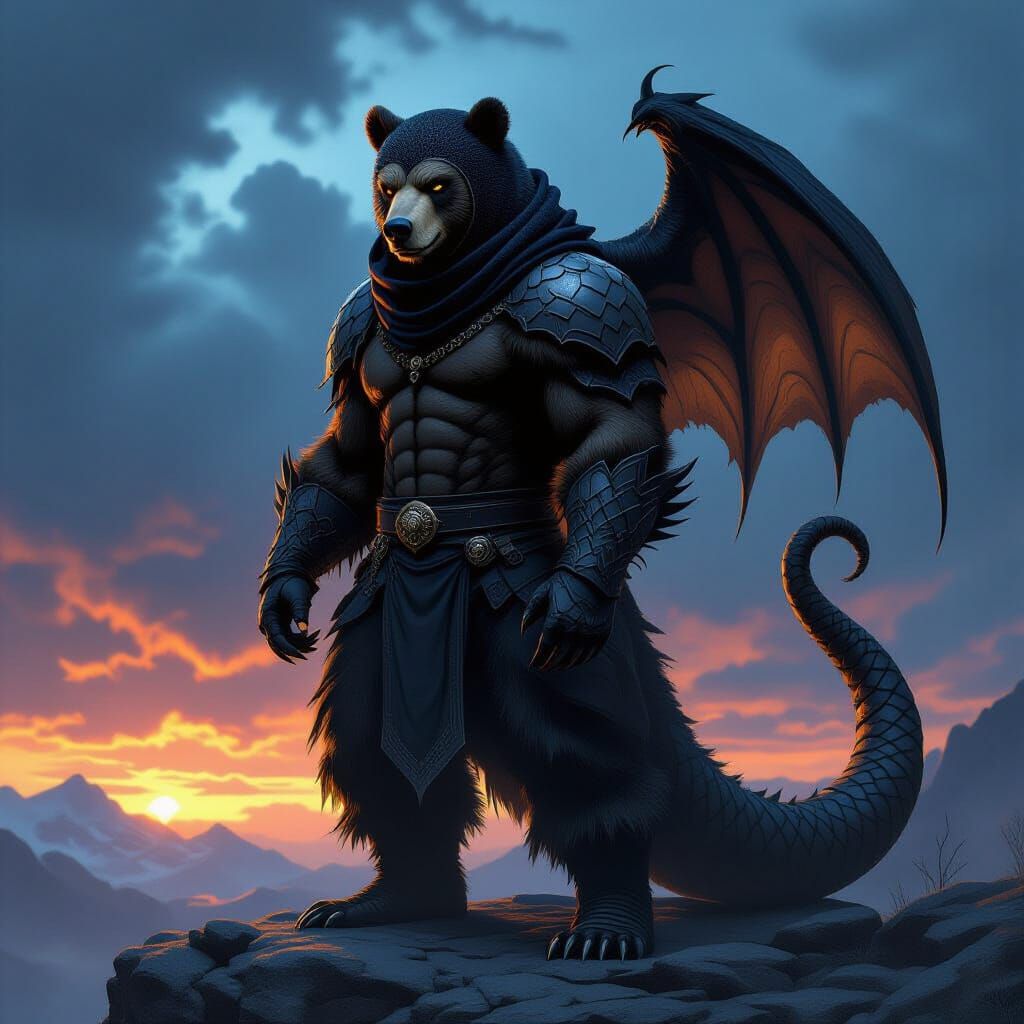 Fearsome Dragon-Bear Hybrid in Balaclava with Snake Tail