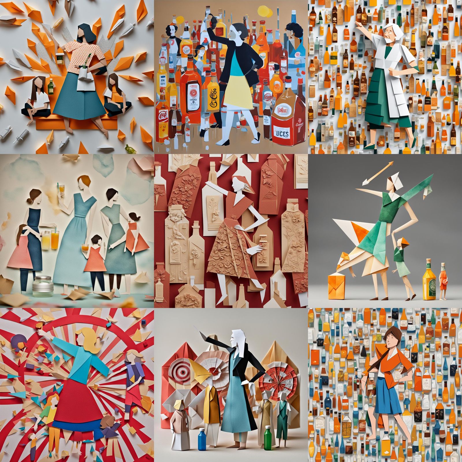 Origami Woman and Daughters Pointing to Dartboard