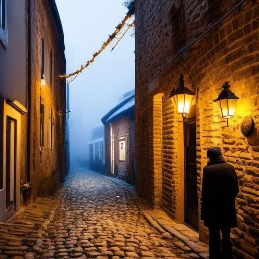Narrow cobblestone alleyway at night.