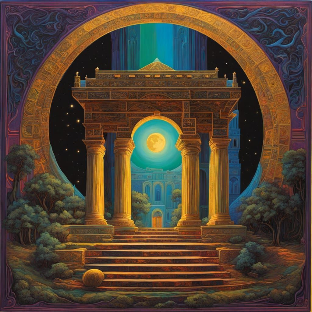 Mysterious Sage in Moonlit Temple: Neon Impasto Art