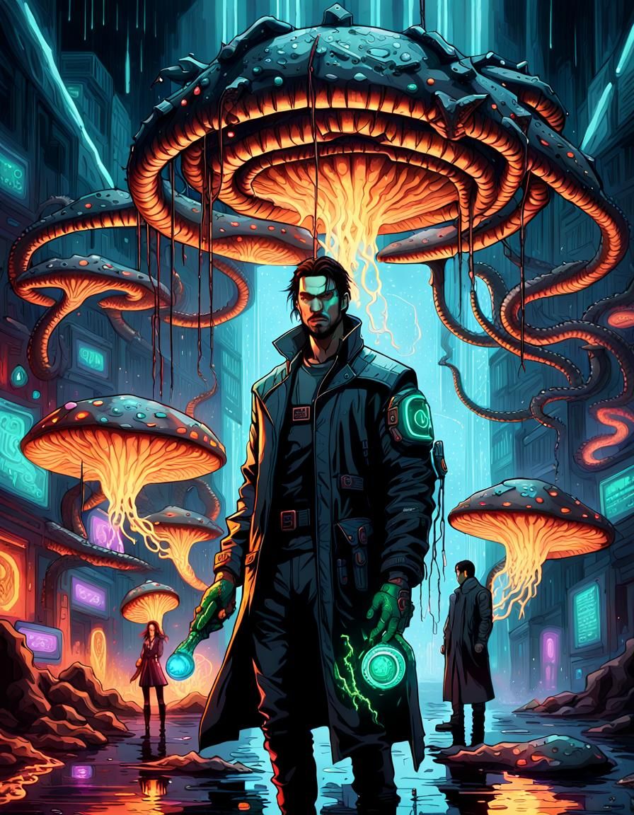 Cyberpunk Bio-Cyborg with Dragon and Neon Matrix