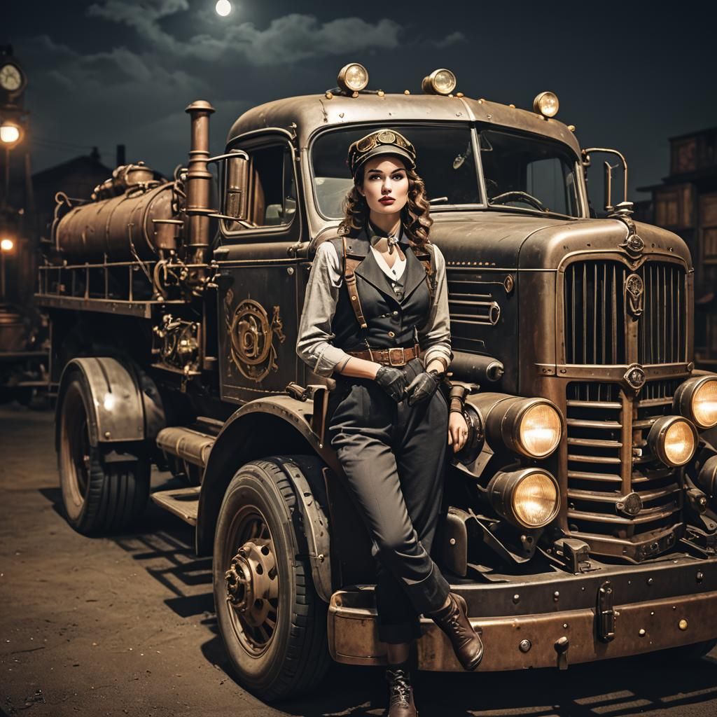 Steampunk Truck: Vintage 1950s Driver at Night