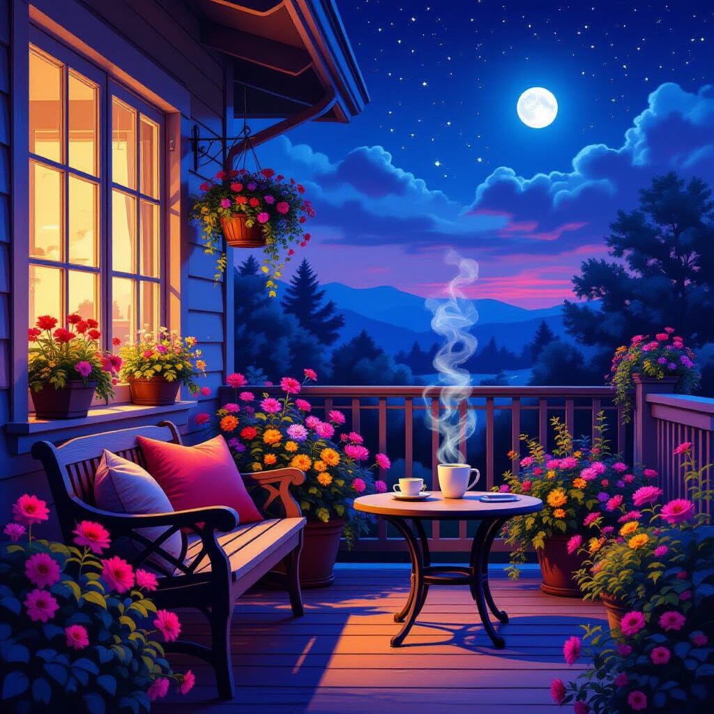 Cozy Lanai Night Garden with Steaming Coffee