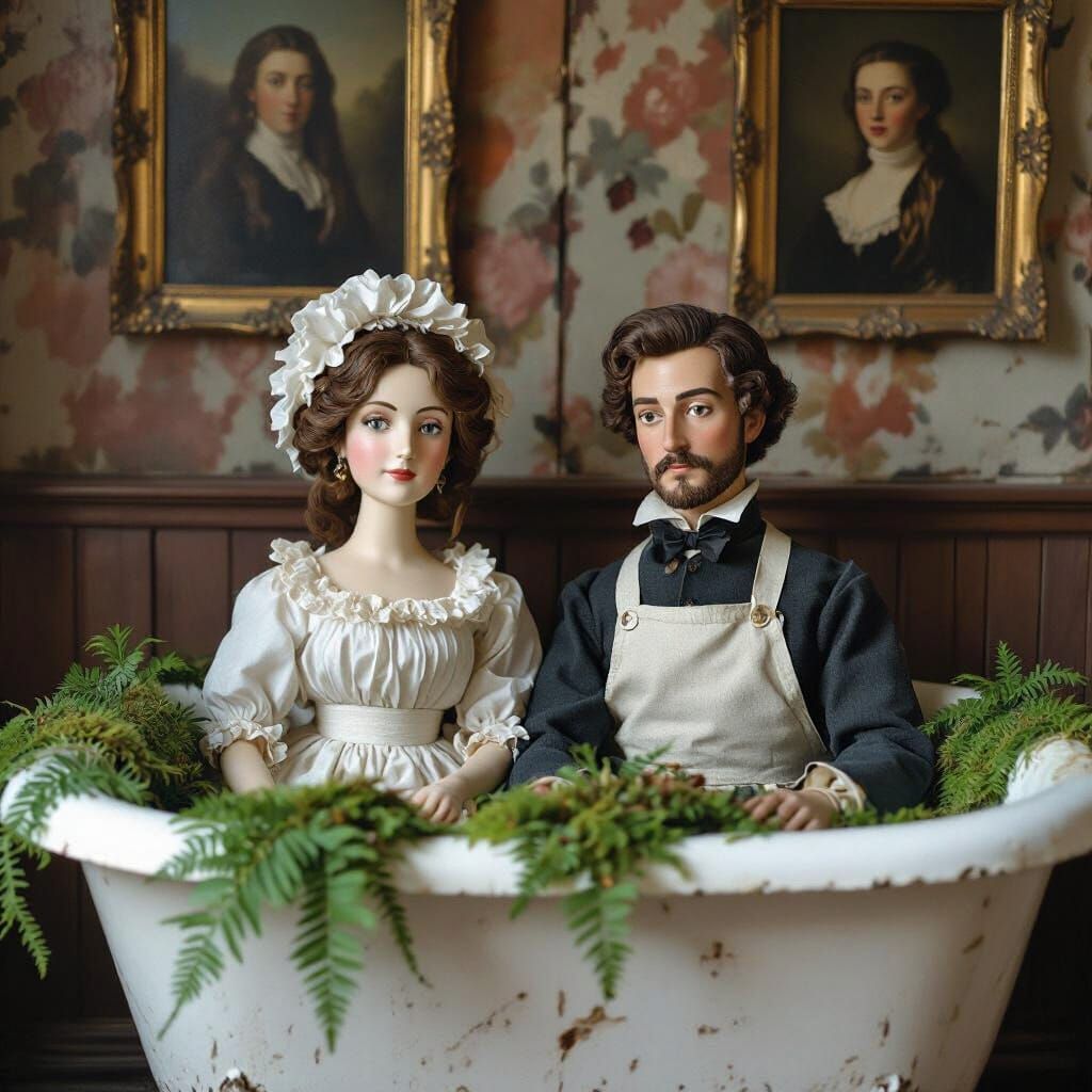 18th Century Romantic Portrait: Woman and Man Puppet in Fern...