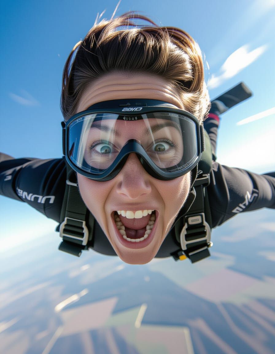 Face of Exhilaration: Mid-Skydive Extreme Close-Up