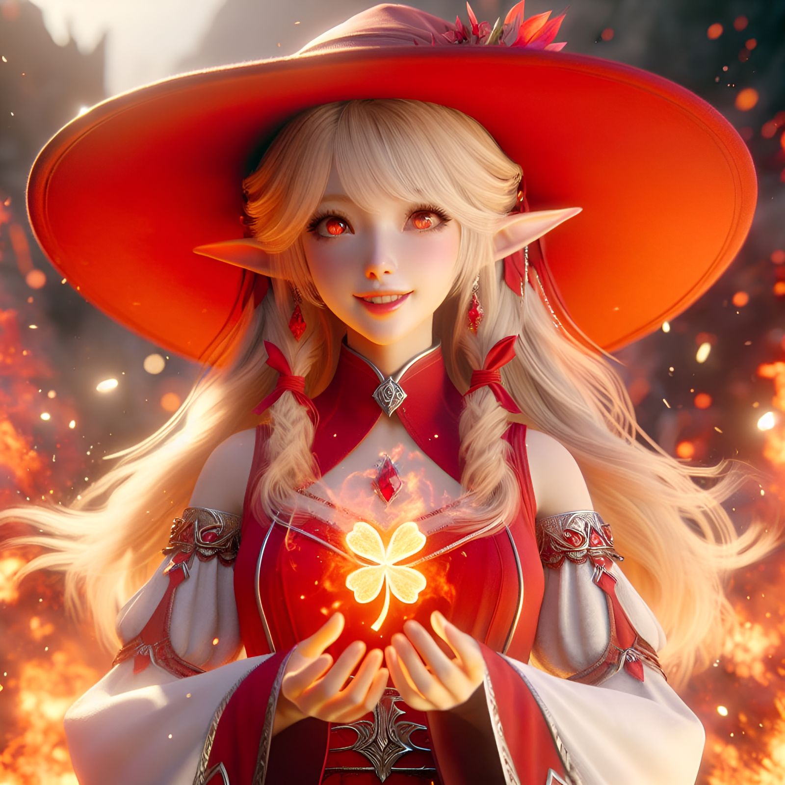 Elf Woman with Flaming Clover in Fiery Explosion