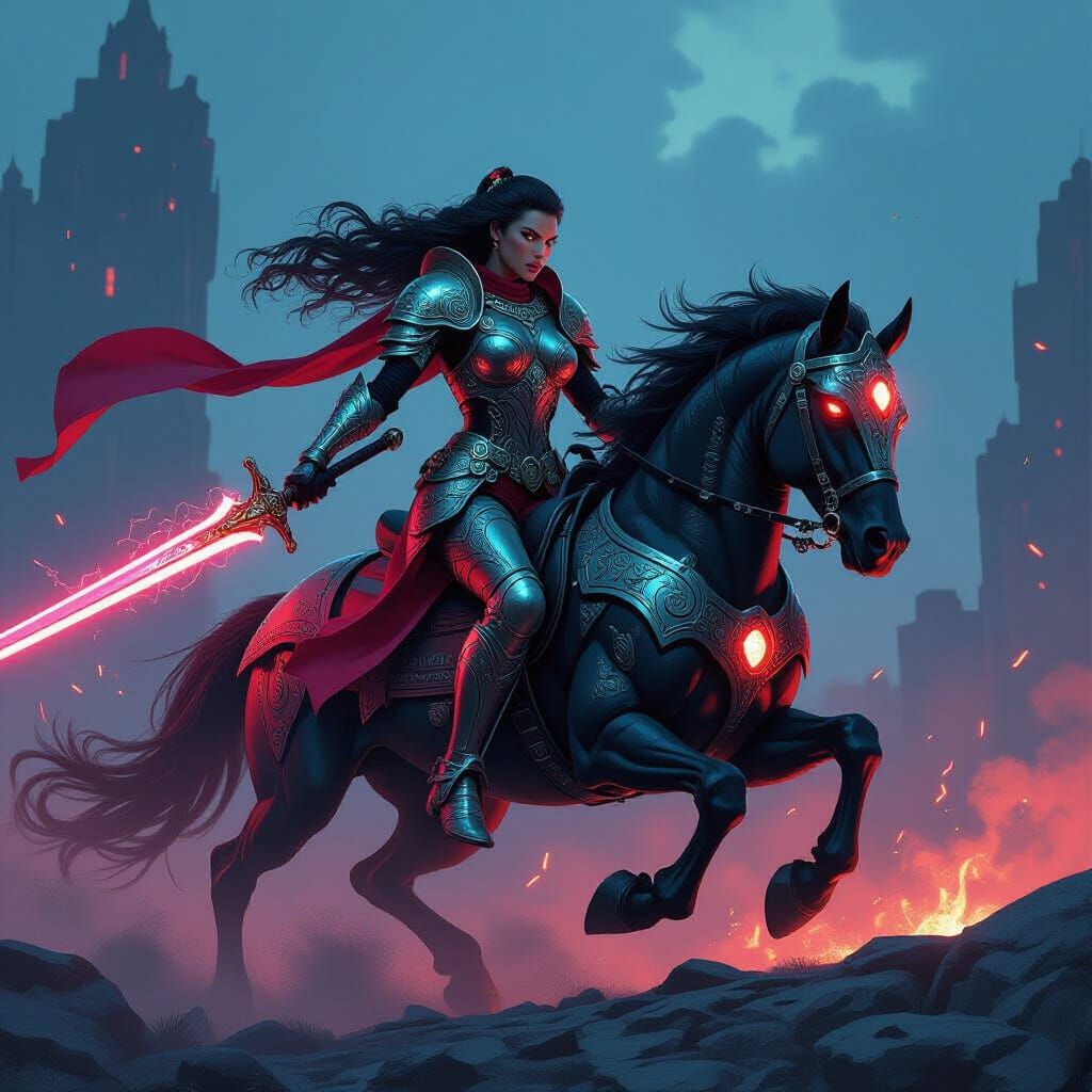 Valkyrie Warrior on Cybernetic Steed in Art Nouveau Armor