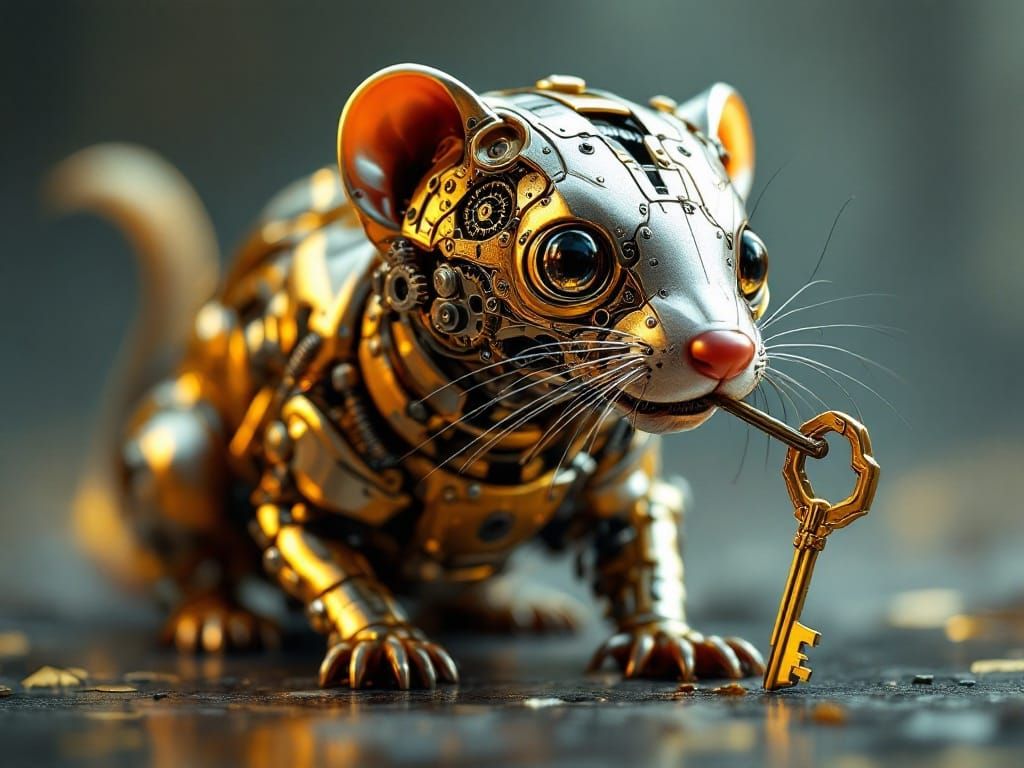 Mechanical Ferret with Intricate Cogwork and Polished Metal