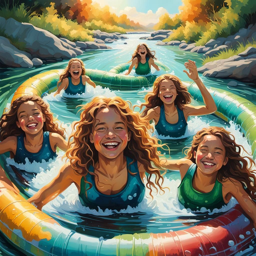 Laughing Children on Lazy River in Oil Painting Style