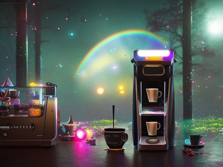 Rainbow Galaxy Coffee Machine: Detailed Fantasy Art