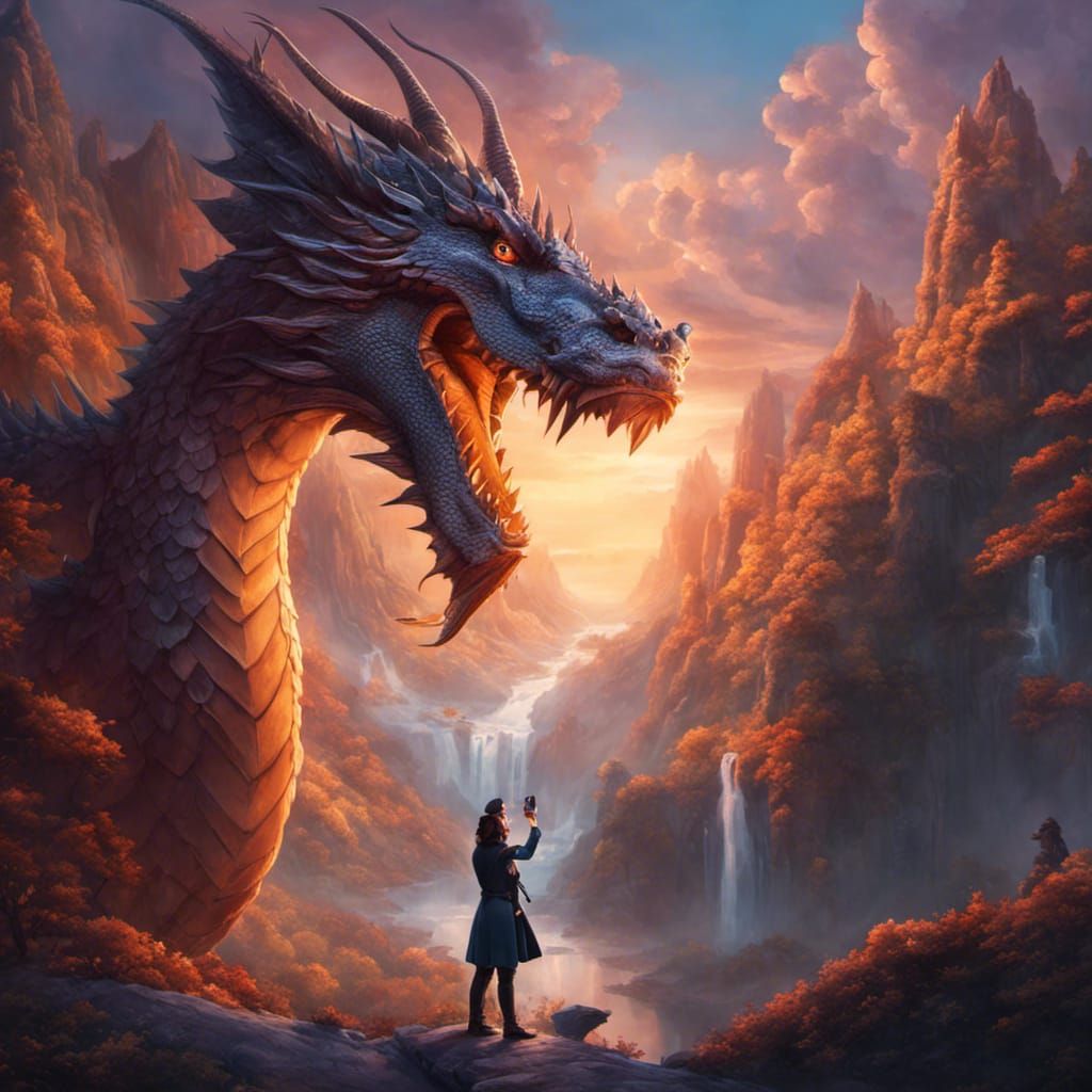 Selfie with Dragon in Mystical Dreamlike Landscape