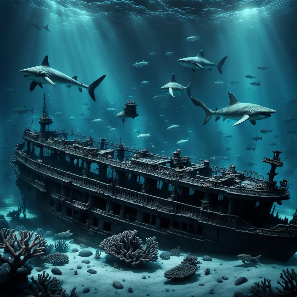 Ethereal Shipwreck Scene in the Deep Sea