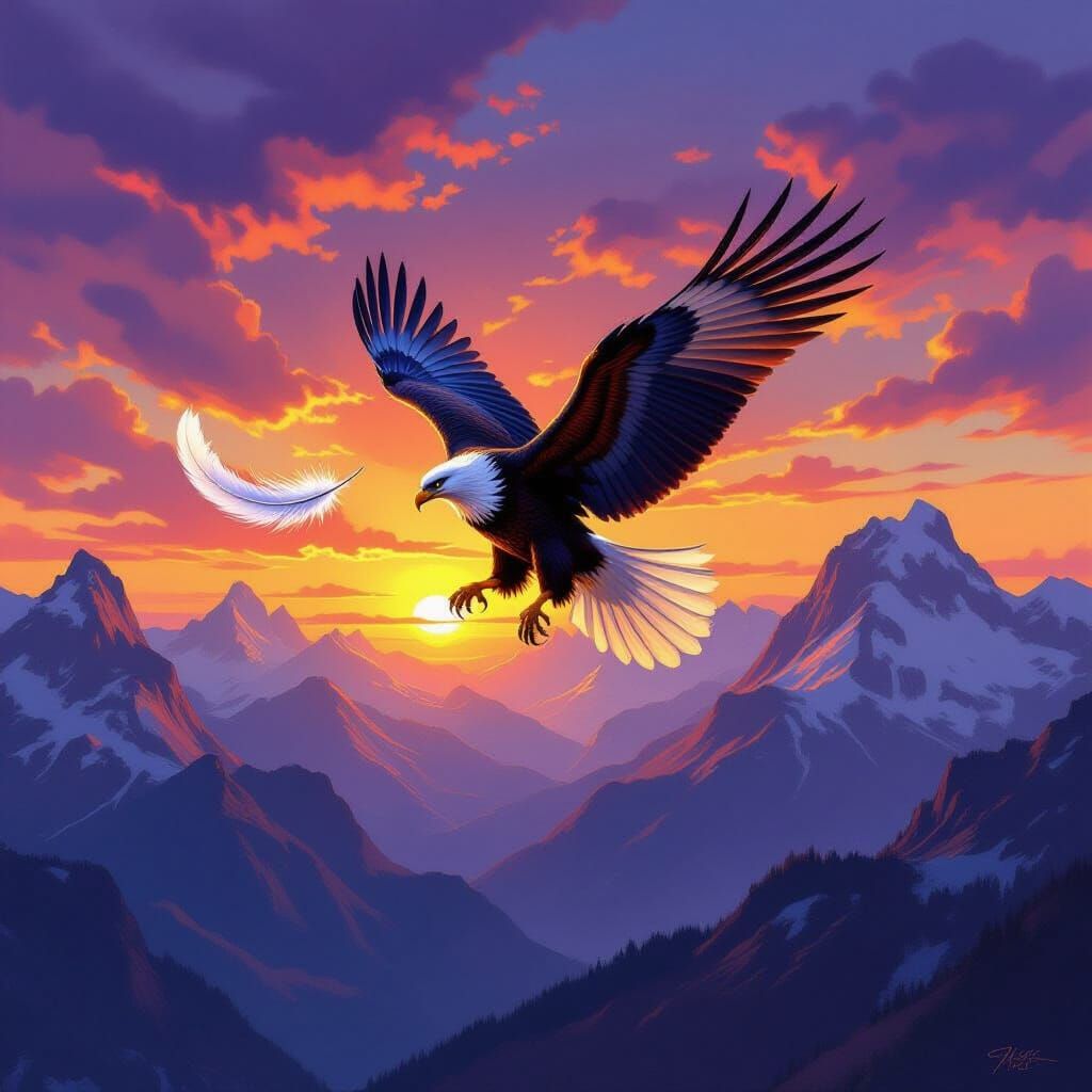 Griffin Tumbles in Sunset Sky, Oil Painting Style