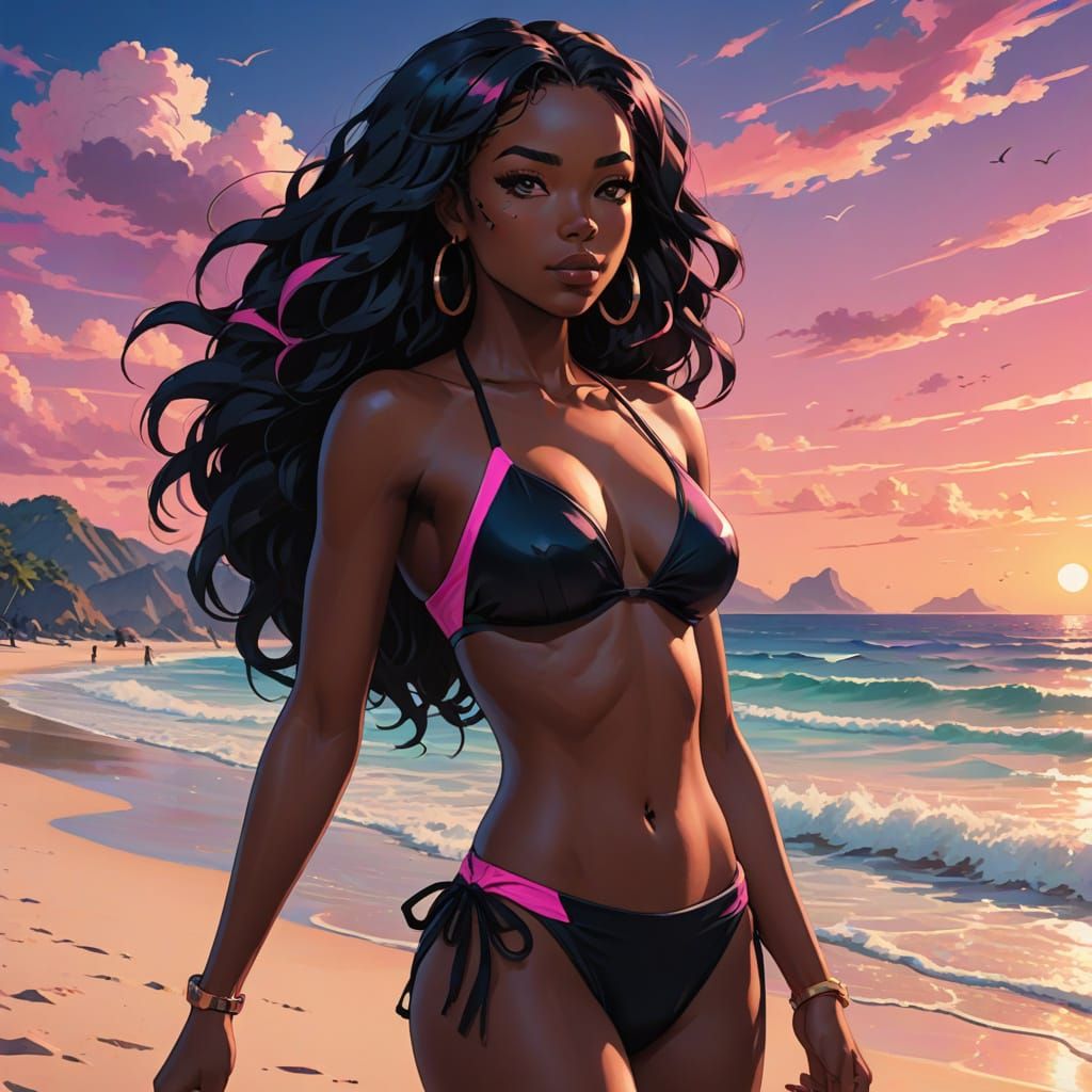 Confident African Woman in Vibrant Anime Style Bikini