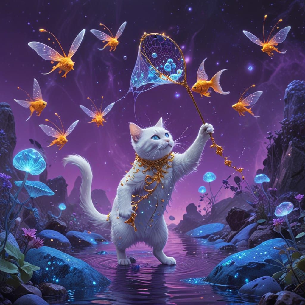White Cat Catches Flying Goldfish in Bioluminescent Stream