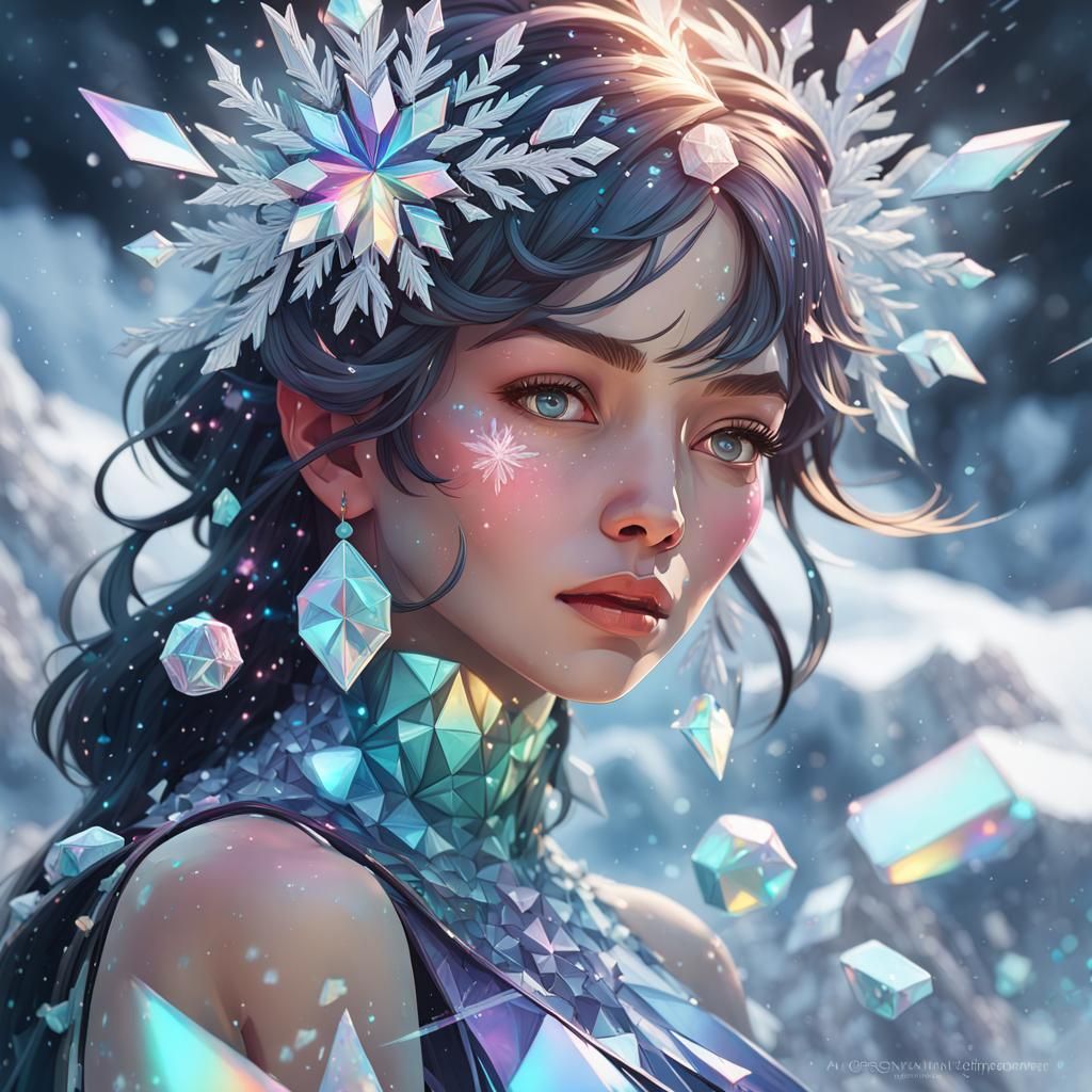Iridescent Snow Crystals Portrait in Hyperdetailed Style