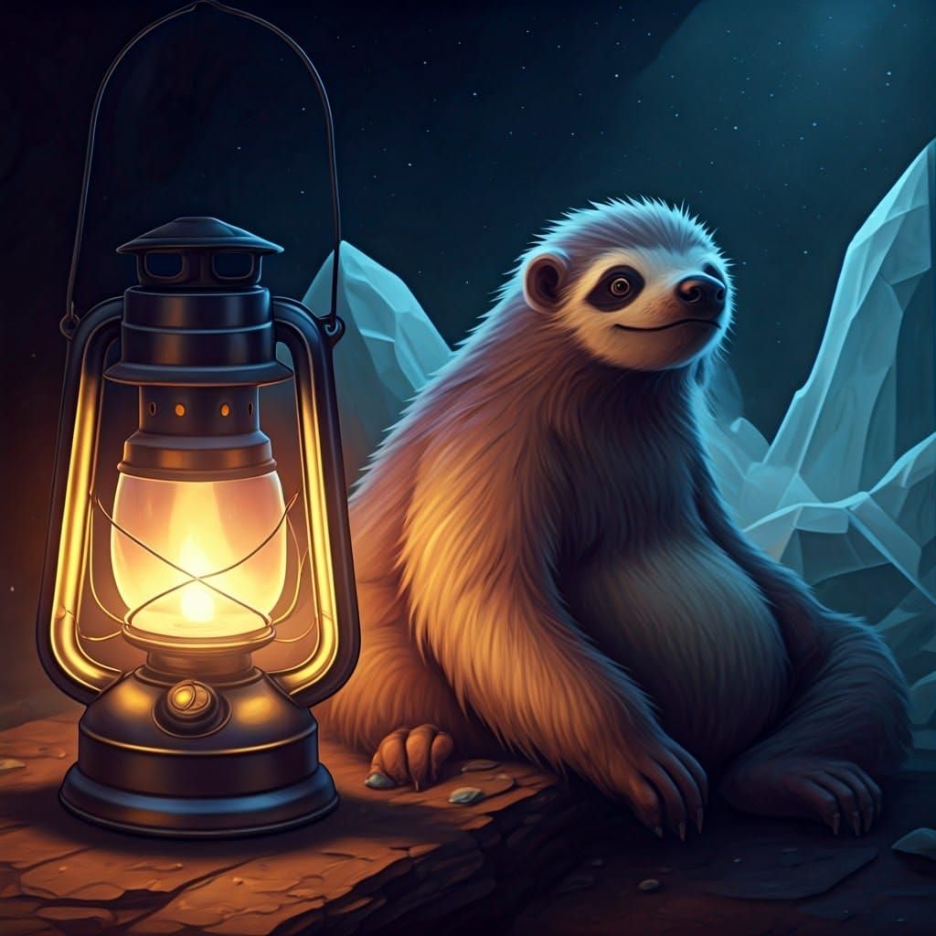 Ethereal Glacier Scene with Lazy Sloth and Lantern
