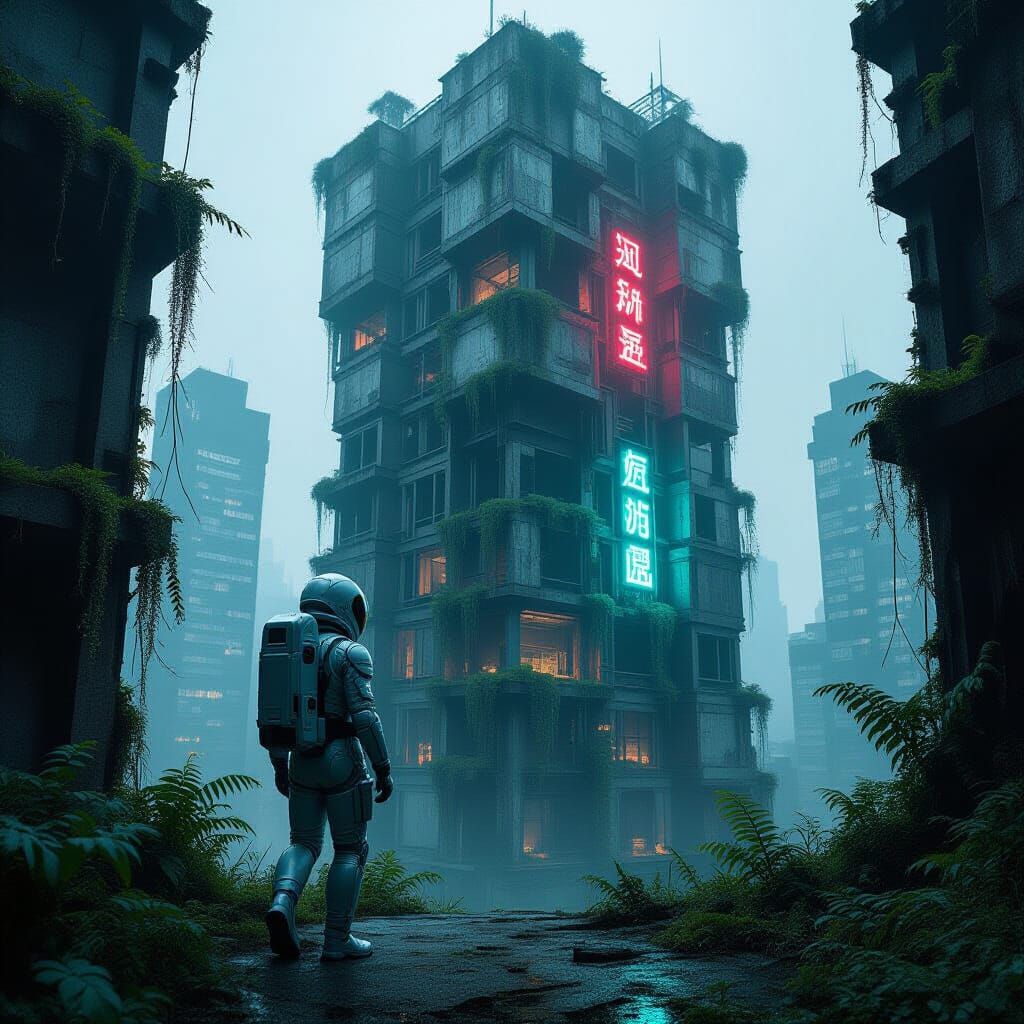 Explorer in Futuristic Suit Amidst Overgrown Metropolis
