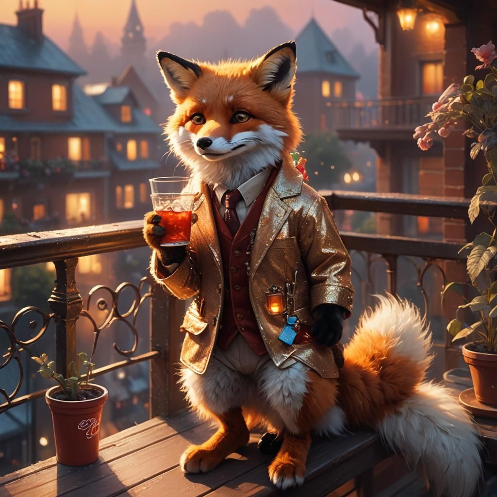 Fox on Balcony in Ethereal Digital Art Style