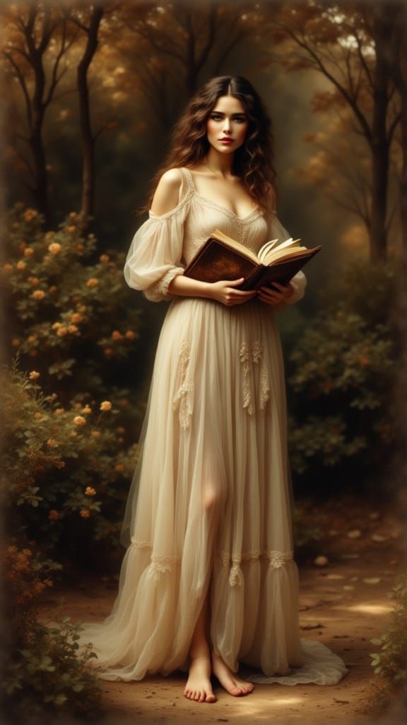 Woman Reading in Antique Watercolor Style Garden