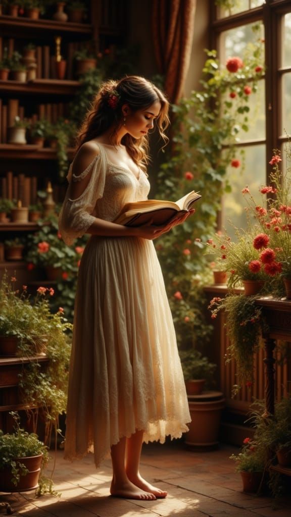 Elegant Woman Reading in Antique Watercolor Style