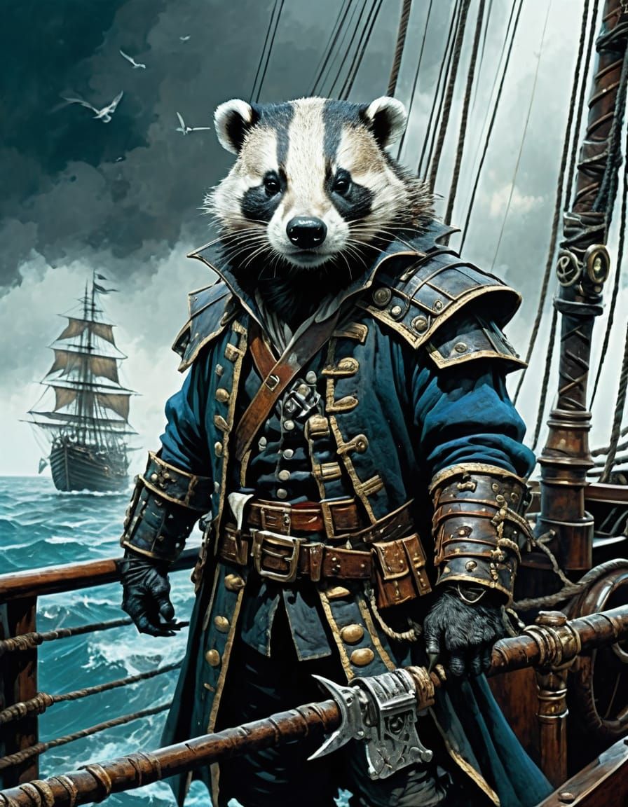 Badger Pirate on Ship in Abstract Art Style