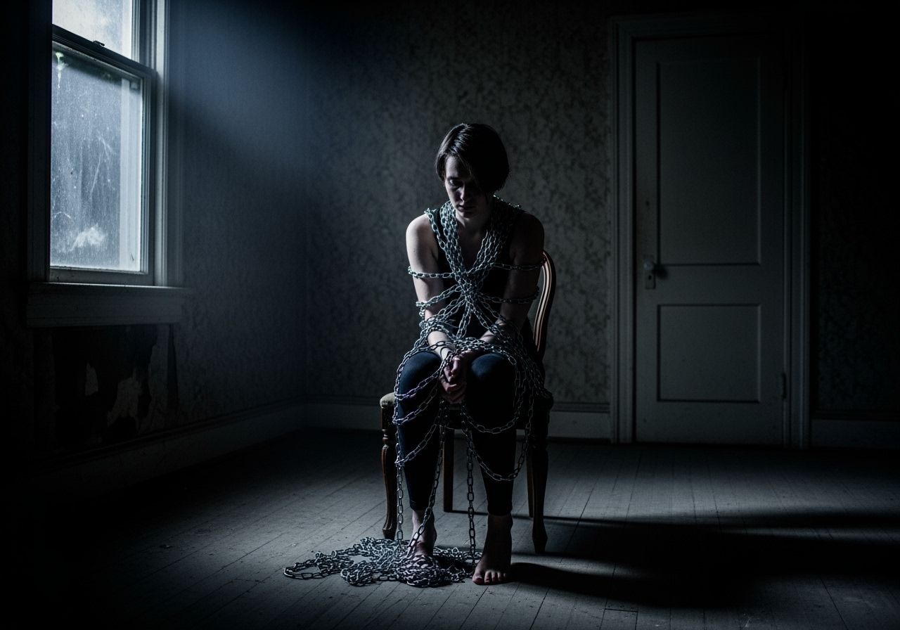 Melancholy Figure in Moonlit Room with Silver Chains