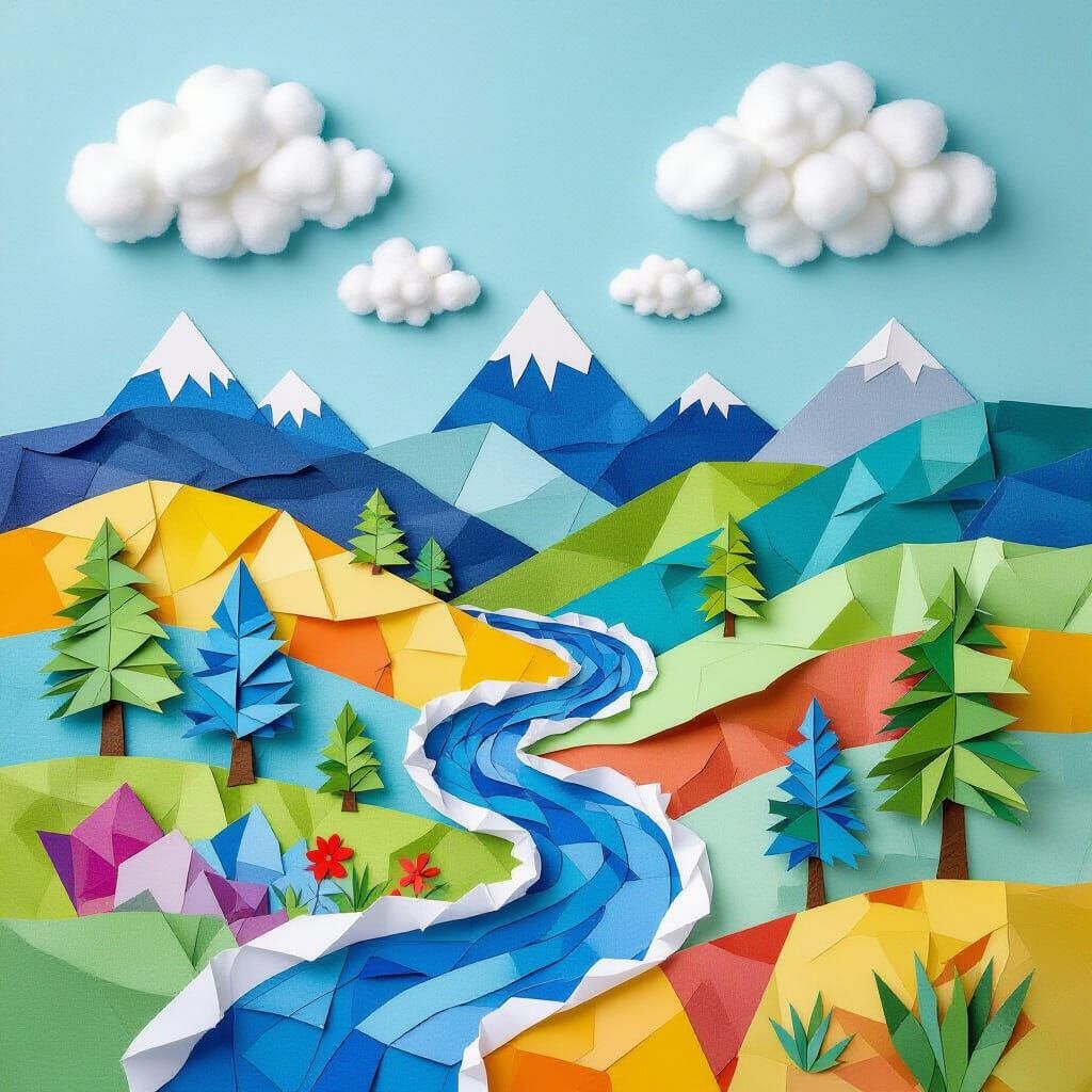 Surreal Paper Landscape with Construction Paper Rivers