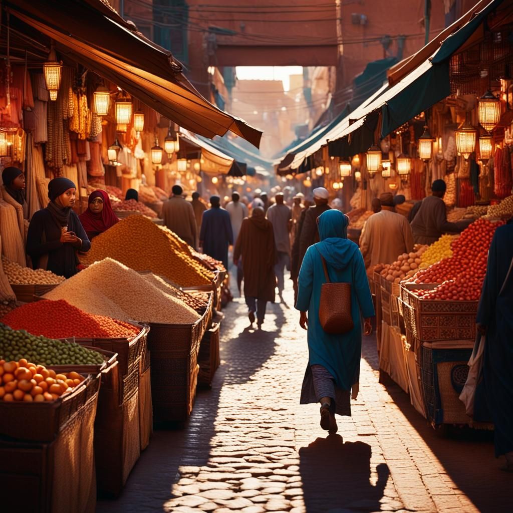Woman in Marrakech Souk, Hyperrealistic Digital Art