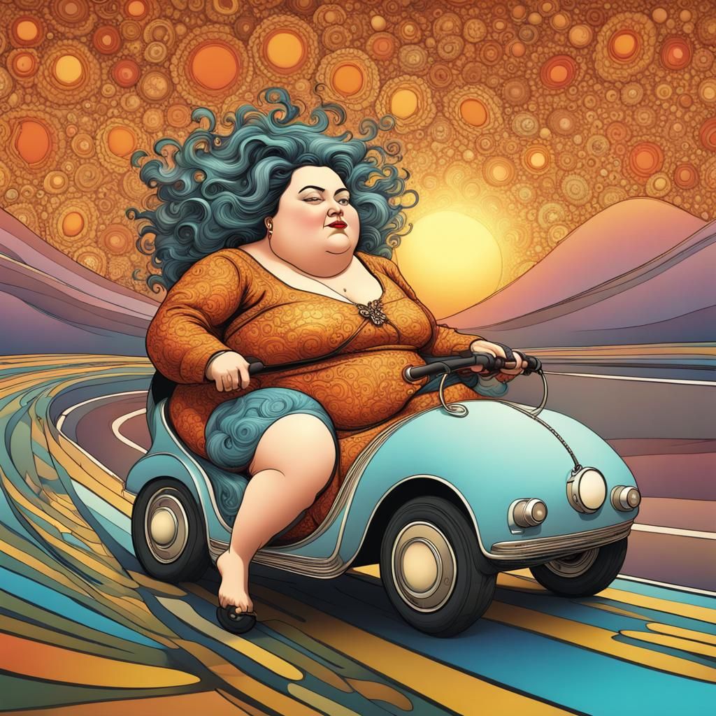 Surreal Sunset: Woman Rides Toy Car in Dali Style