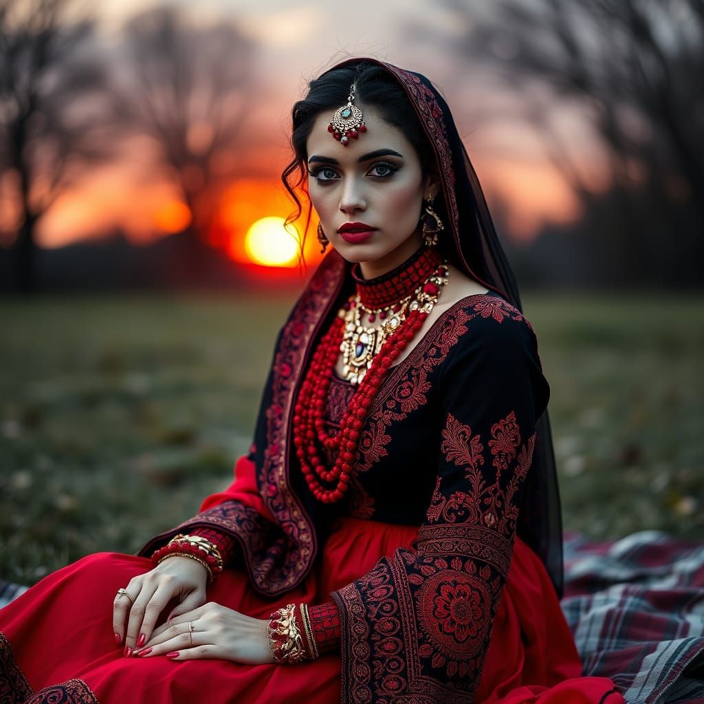 Goth Woman in Traditional Dress at Sunset, in Surreal Style