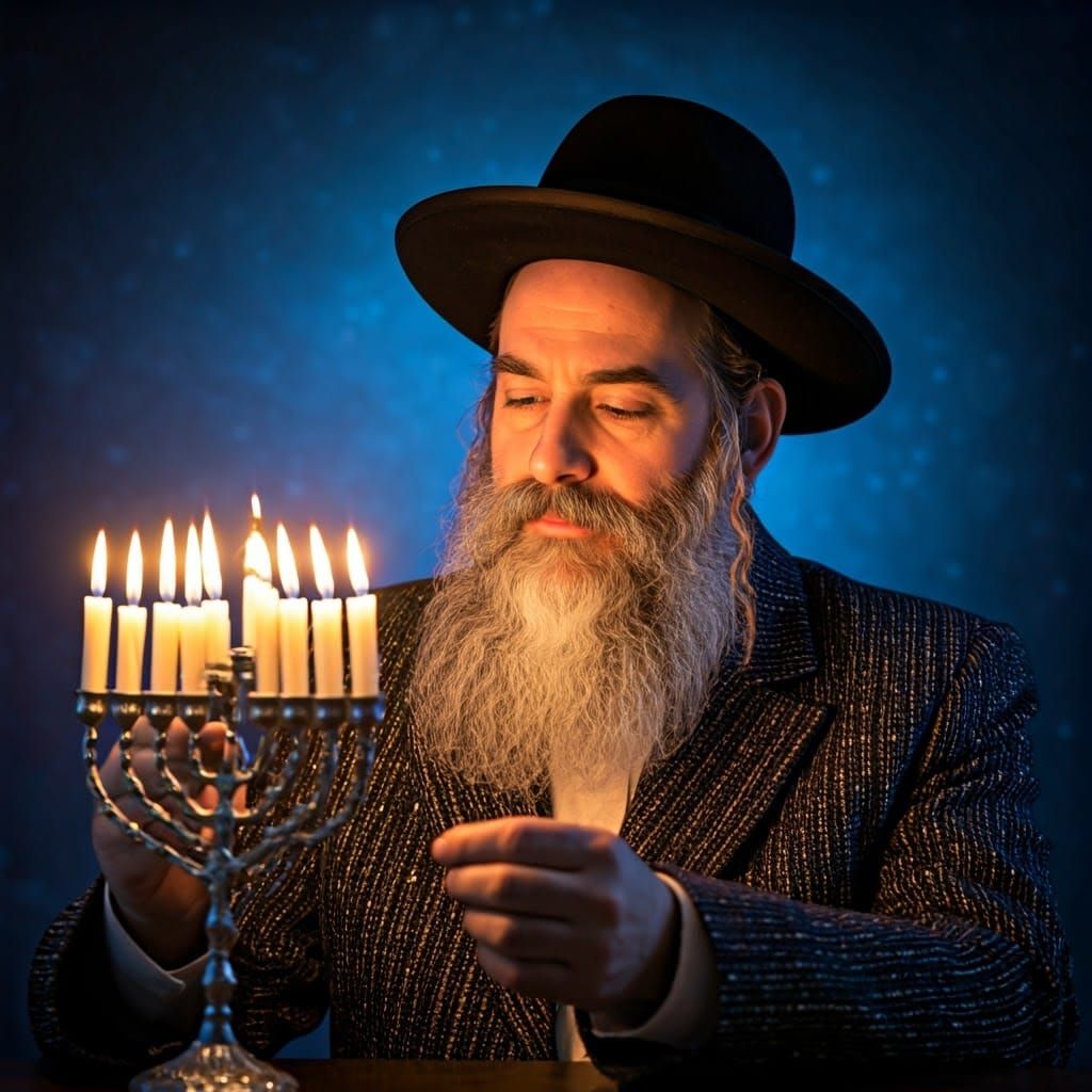 Rabbi Lights Hanukkah Candle Under the Starry Night Sky