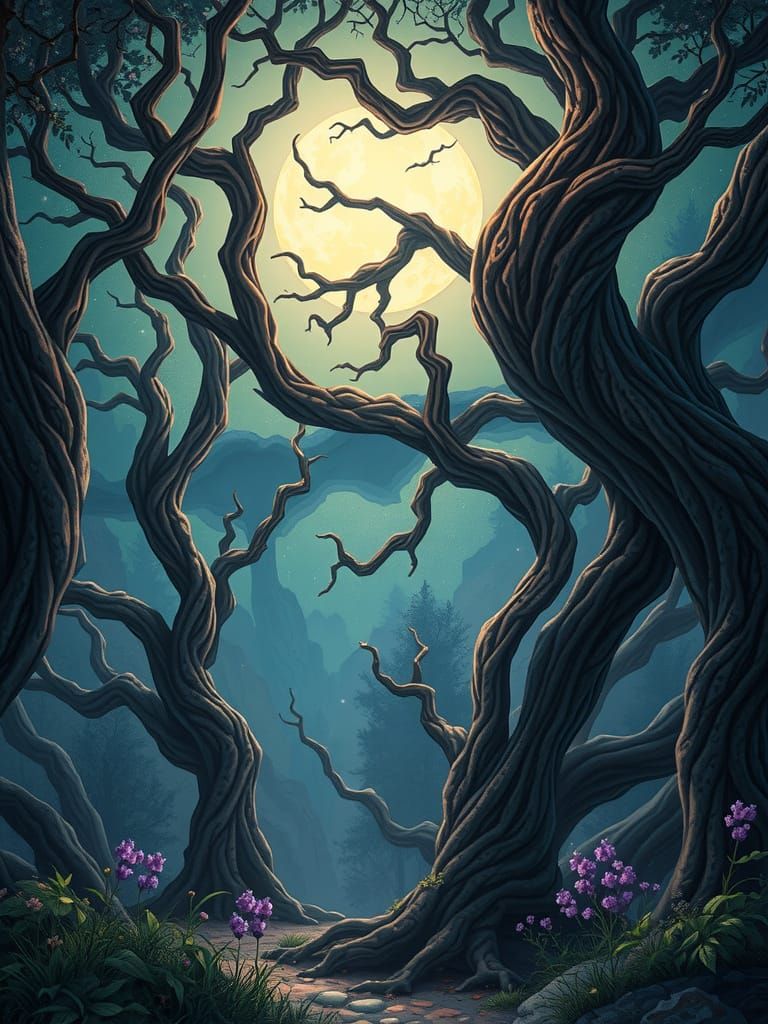 Eerie Moonlit Forest: Anime-Style Dark Fantasy Art
