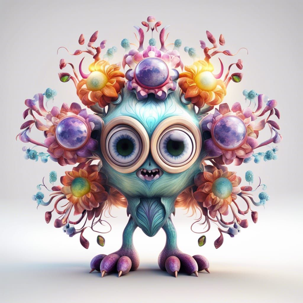cute fantasy flower monster with large eyes full body extremely detailed 3D animation symmetrical centred lots of light ...