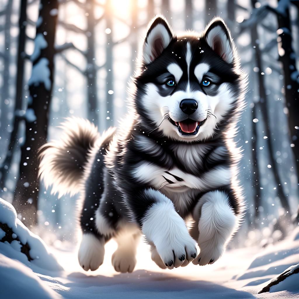 Alaskan Malamute Puppy Playing in Snowy Forest