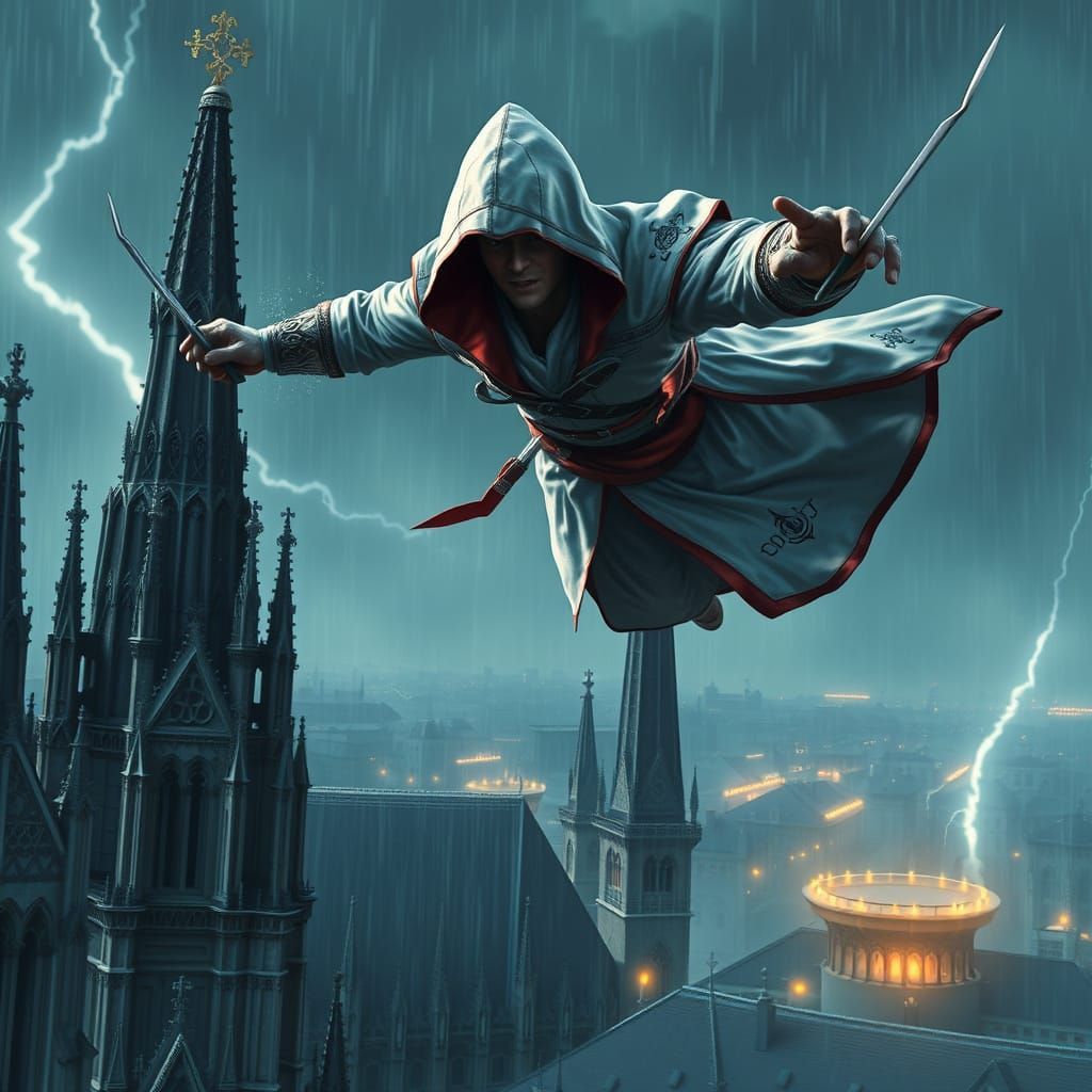 Gothic Assassin Leaps from Cathedral Spires in Hyper-Realist...