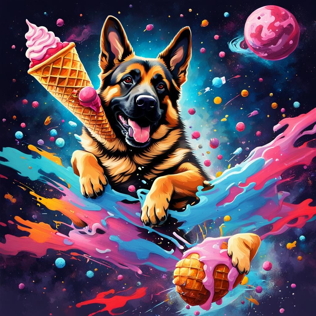 German Shepherd Dog Eating Ice Cream in Space Art
