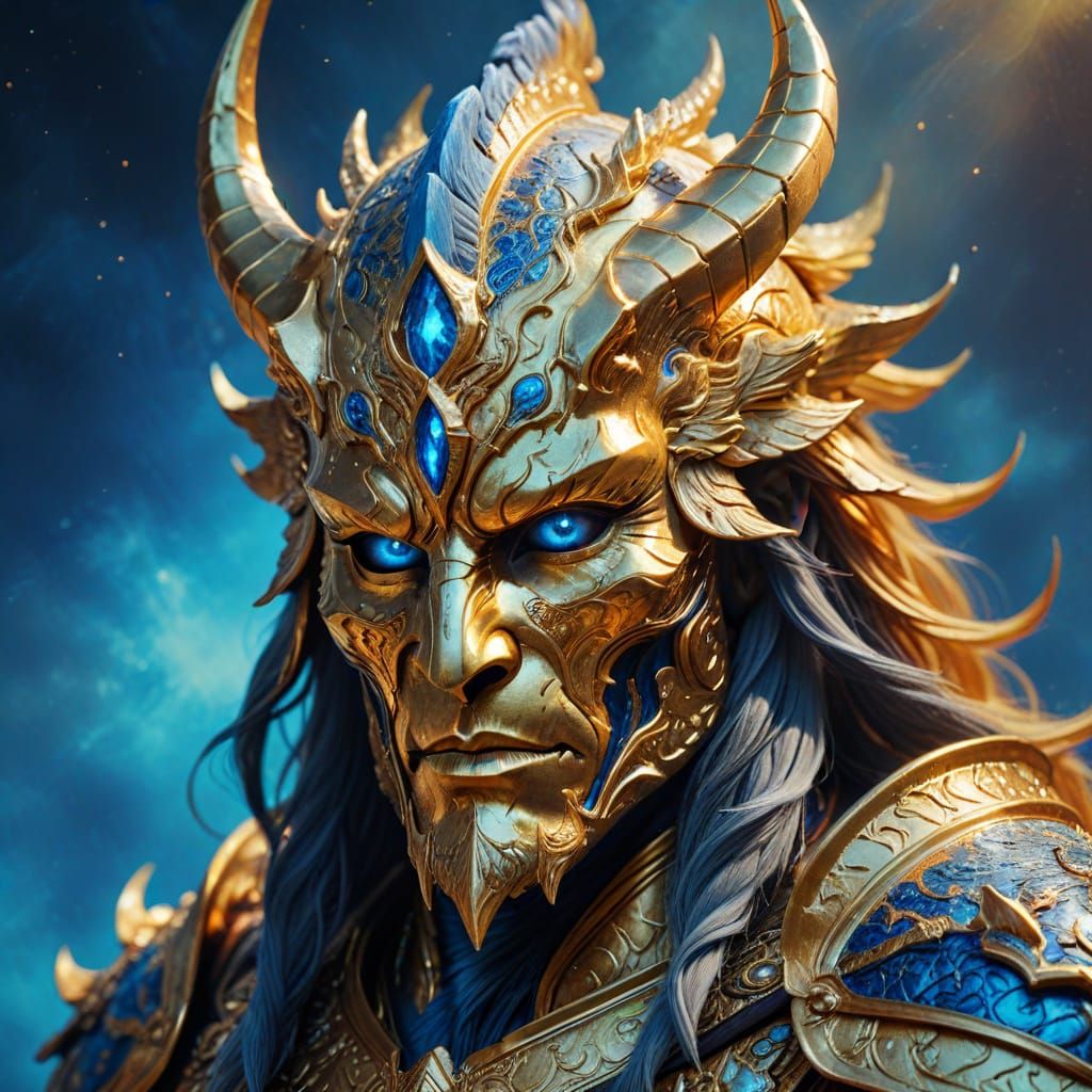 Celestial Beast in Golden Armor: Fantasy Oil Painting