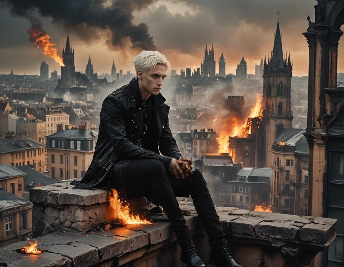 Gothic Man on Terrace Overlooking Burning City