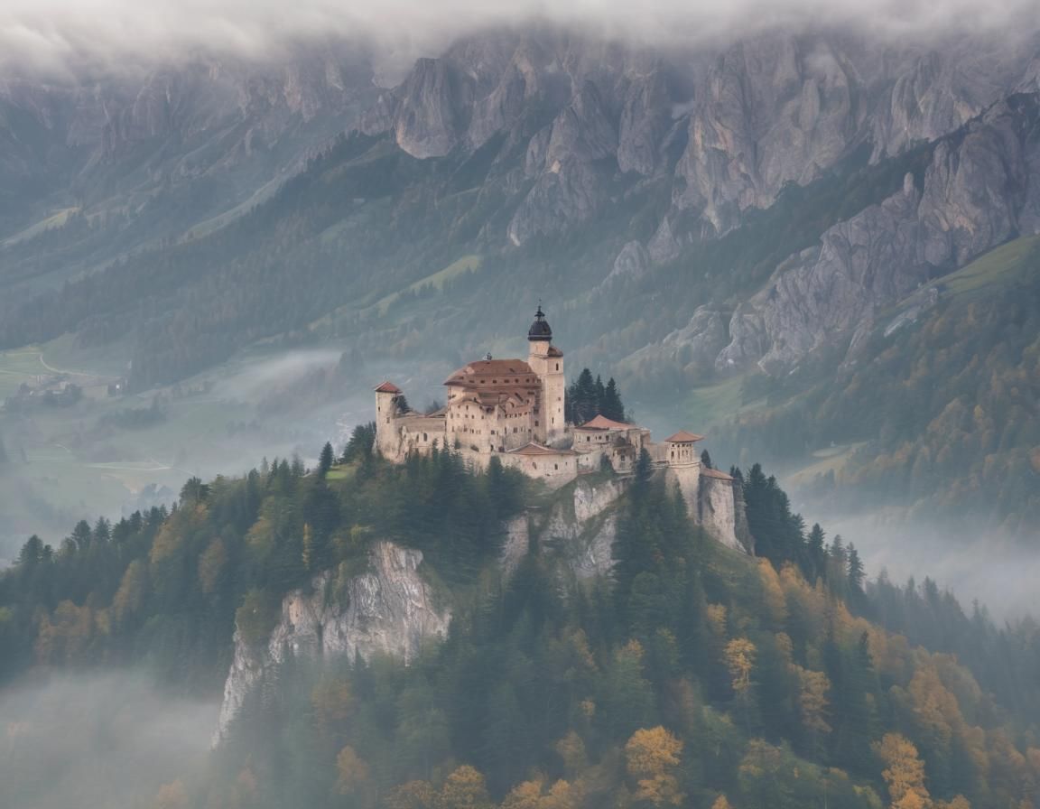 Castle in Foggy Dolomite Mountains