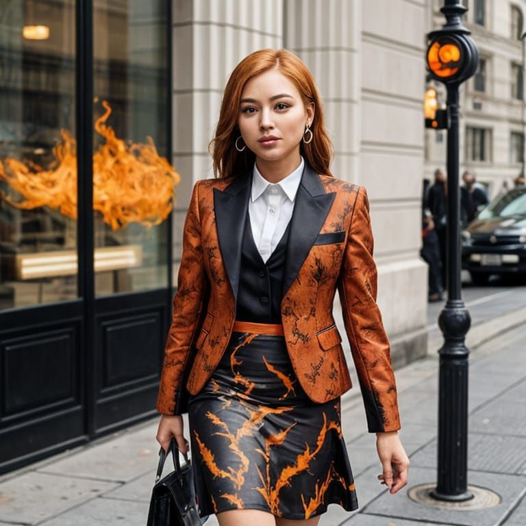 Businesswoman in Flame Patterned Skirt Suit