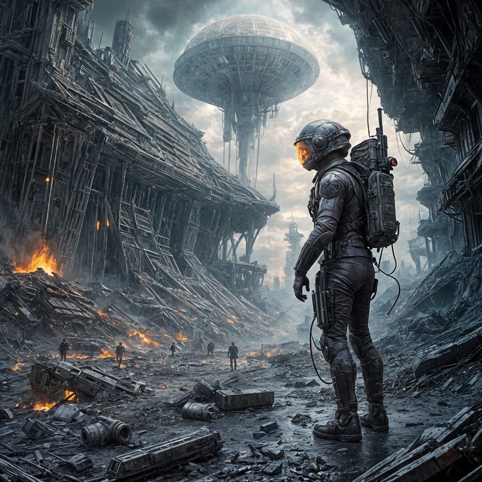 Futuristic Soldier in Burning Alien City