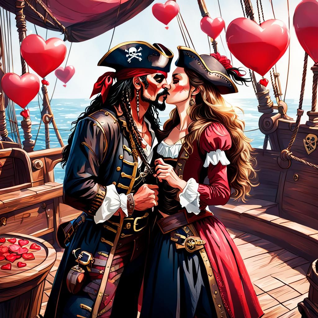 Romantic Pirate Couple Kissing on Valentine's Day
